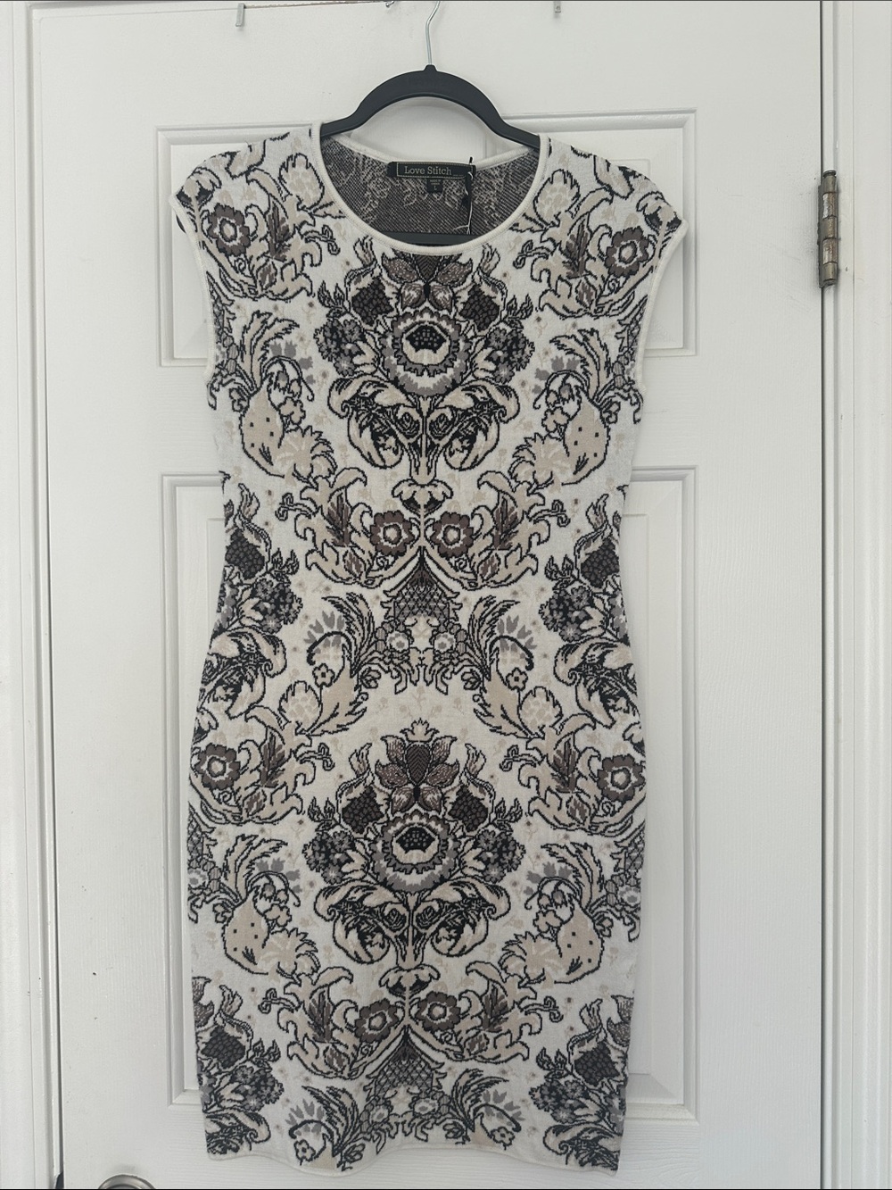 Love Stitch Ivory Dress with Black & Taupe Ornate Print